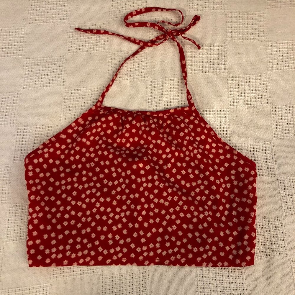 ROMWE SMALL Red Floral Cropped Halter Top ruched B45
